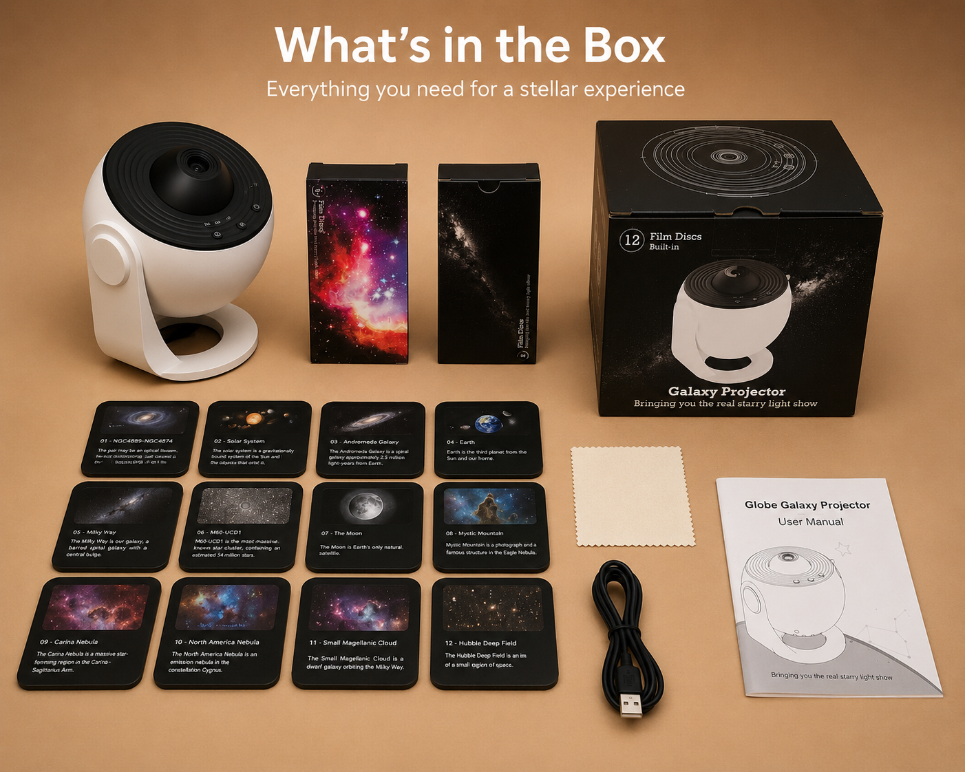 Everything included in the ORBAX box — projector, 12 film discs, packaging, cleaning cloth, USB-C cable and user manual