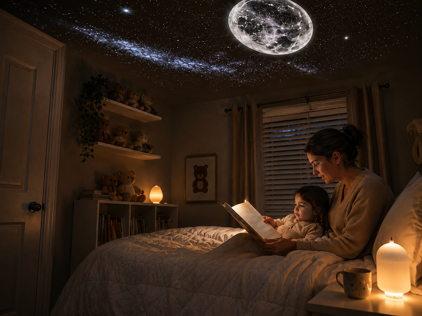 A parent reading beneath the projected night sky