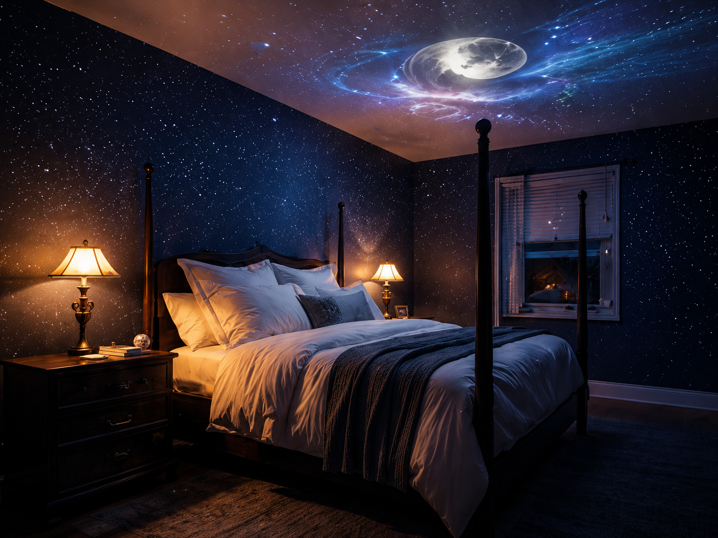 An adult bedroom washed in a moon and galaxy projection