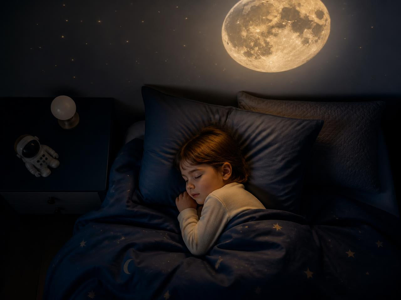 Child asleep beneath a moon projection